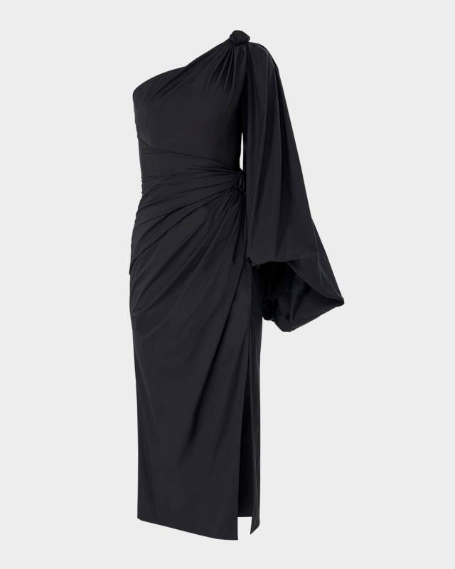 One-Shoulder Balloon-Sleeve Midi Dress
